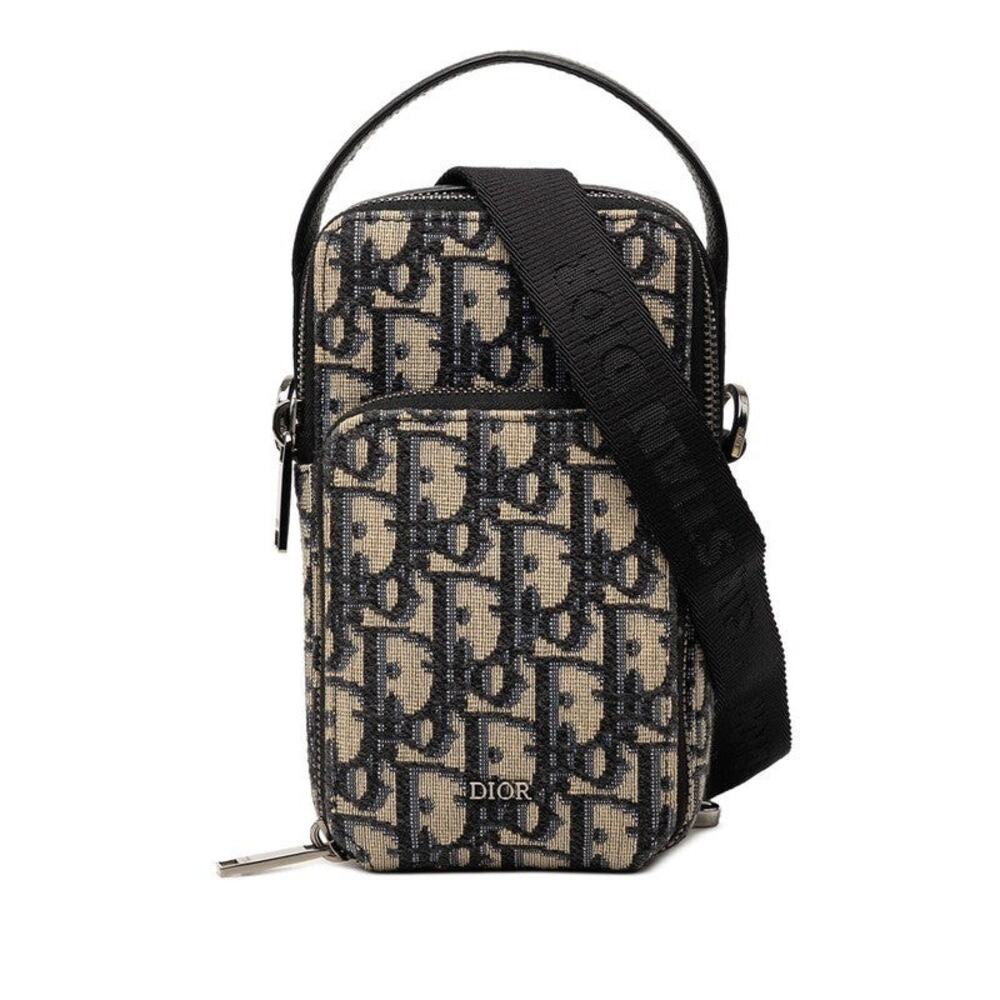 Dior Oblique Phone Case Canvas Leather Shoulder Bag Beige